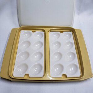 Vintage Tupperware Deviled Egg Holder 4 Piece Gold & White Picnic Gathering